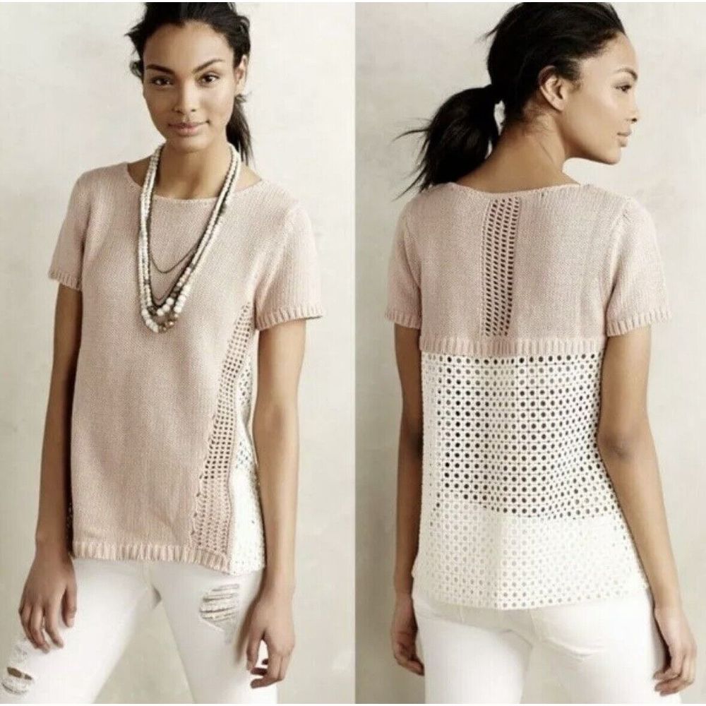 Anthropologie Blush Pink and White Knit Short Sleeve Top